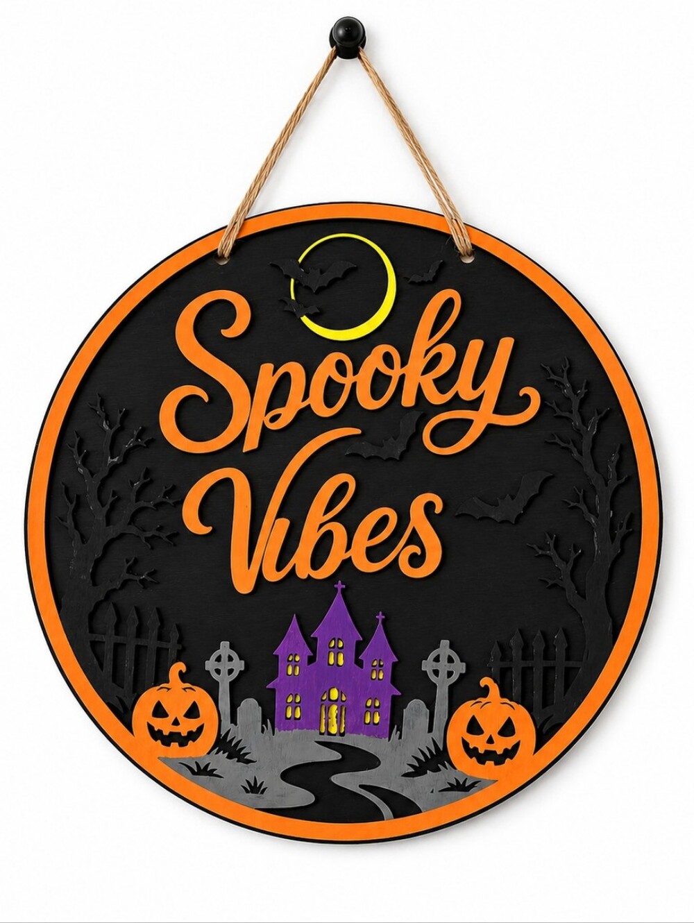 Handmade Spooky Vibes Halloween Wood Door Hanger Wall Decor 11.75"